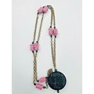 Vintage Floral Statement Necklace Flower Rose Purple Pink Tulip Beads W/Pendant